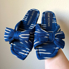 Stuart Weitzman Sofia Navy  White Bow Slide Sandals, 7.5, new
