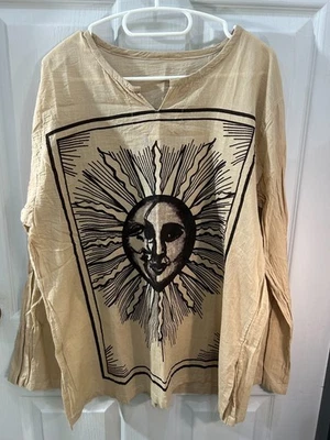 Thai Shirt cotton Thin Long Sleeve creemy brown Hipie Yoga boho moon sun Beach - Image 1 of 4