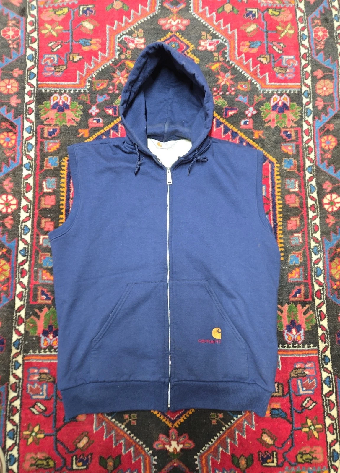 Carhartt Large Thermal Lined Waffle Zip Up Hoodie Navy Blue Vintage Sleeveless