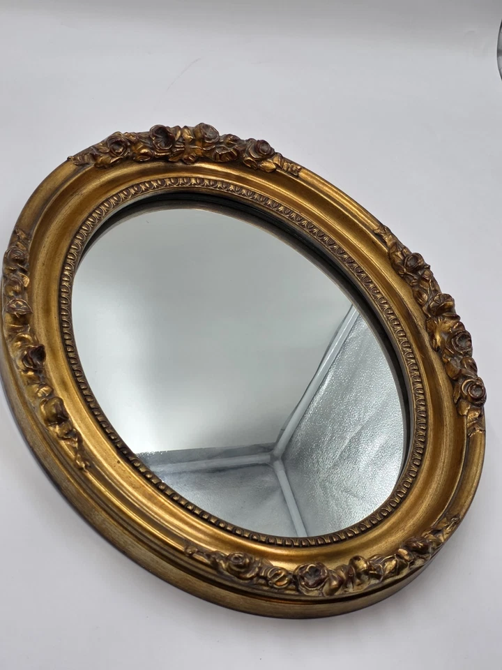 Антикварный настенный декор ручной резьбы позолоченное дерево овальное зеркало розы цветочный рококо 17 дюймов - Изображение 4 из 4