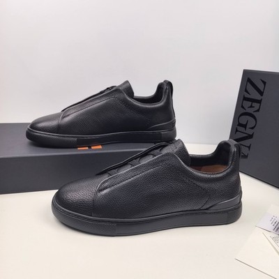 Zegna Mens Triple Stitch Low Top Deerskin Leather Sneakers Black Size 39-45