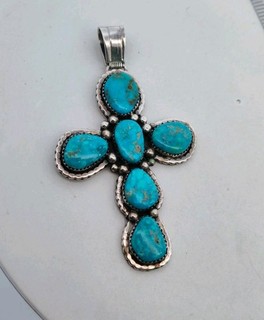 Vintage Sterling Silver Harry B. Yazzie Navajo Big Turquoise Cross Pendant