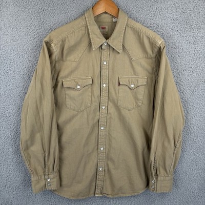 Levi s Pearl Snap Shirt Mens XL Tan Western Standard Fit Cotton Twill Cowboy