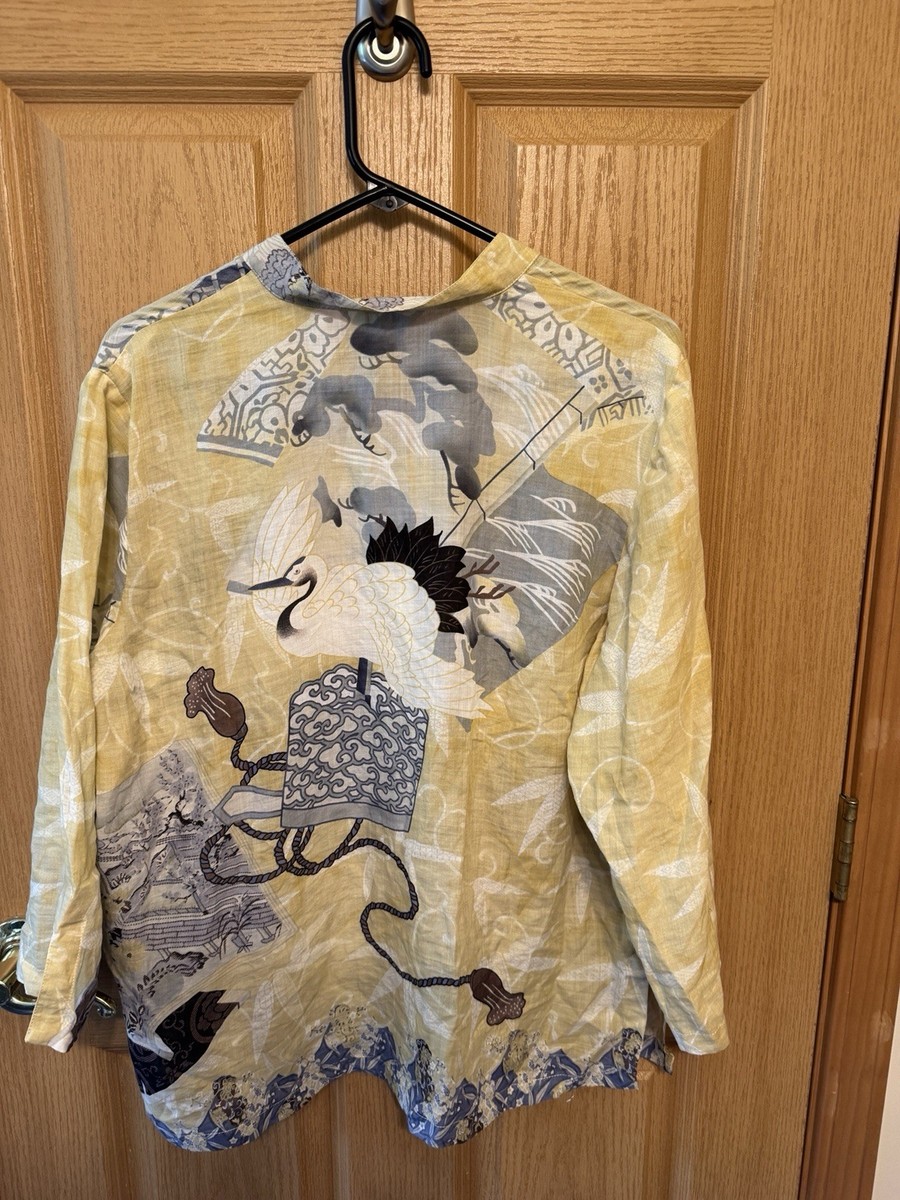 Citron Santa Monica Women's L Rayon Floral Bird Button-Up Blouse 3/4 Sleeve View 2