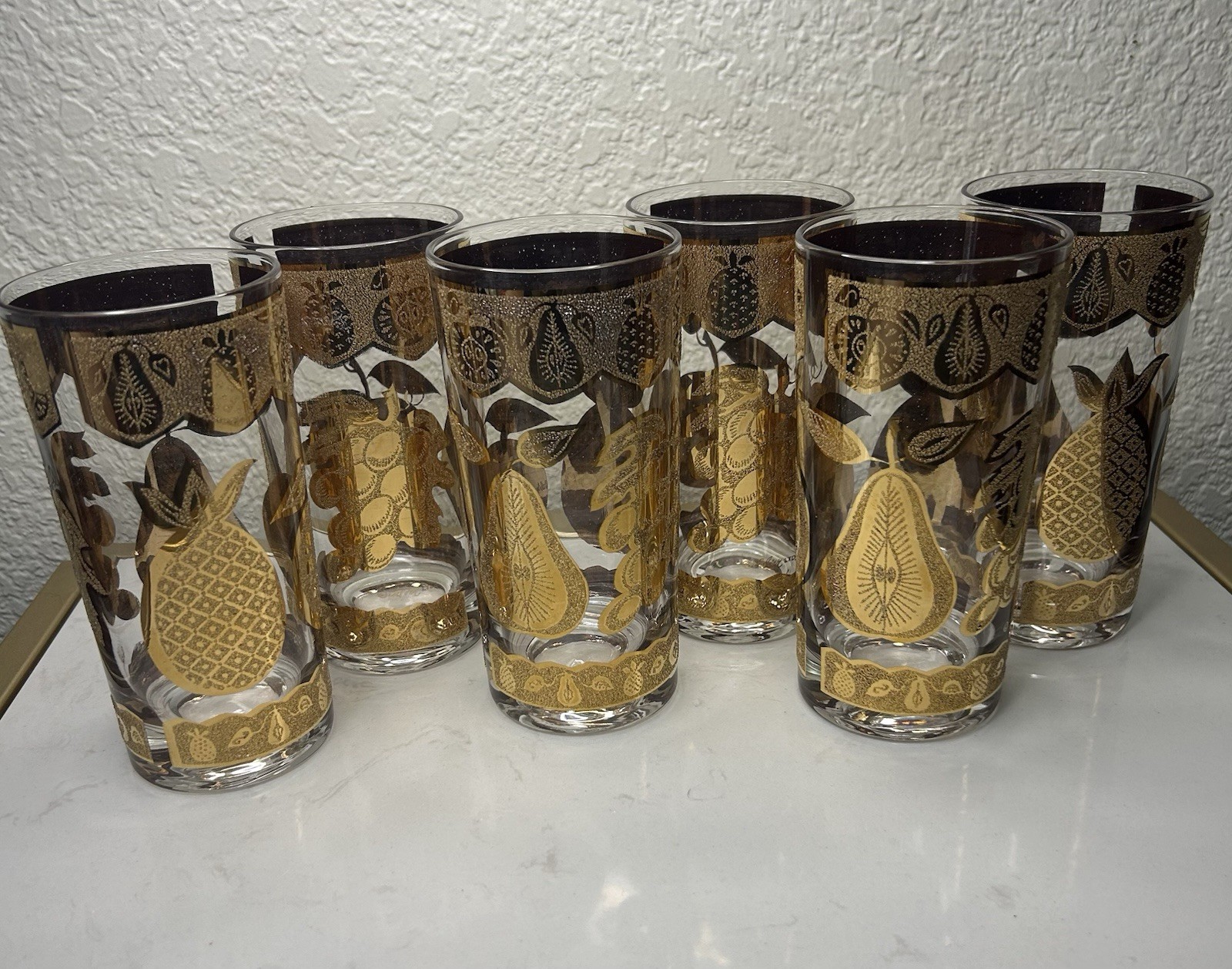 Vintage Culver Ltd. 22K Gold Florentine Fruit High Ball MCM Glasses Set Of 6