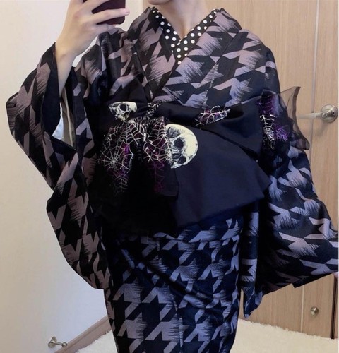 Japanese kimono HANHABA obi yukata obi.kaku obi.black white skeluton. - Picture 3 of 4