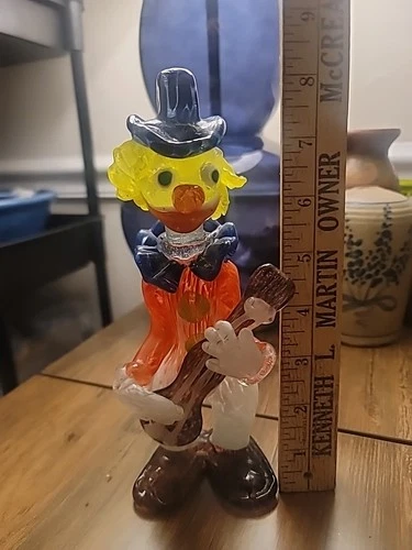 Murano Art Glass Figurine Vintage Happy Clown with Guitar, 8.5" Tall