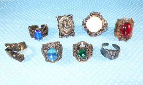 8 Vintage Rings Costume Jewelry Large Faux Gem Stones Bronze Filigree Victorian
