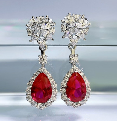 5ct Pear Lab Grown Ruby Drop Earrings, 18K Gold Vermeil, Chic Elegant Stylish