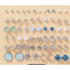 Stud Earring Set Women OS Gold Silver Blue 30 Pairs NEW Rhinestone Pearl