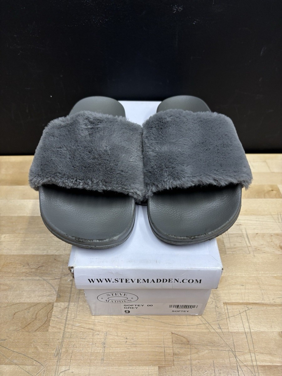 Steve Madden Softey Gray Grey Fuzzy Faux Fur Slipper Slides Women's Size M - Main Image