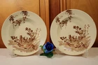 2 Antique French Brown Transferware Ironstone Plate Bowl Birds-Ships DDP to USA