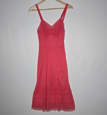 Vintage Pink Red Lace Ruffle Nylon Slip from 1940's-50's