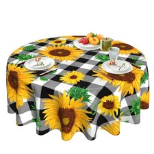 Sunflower Tablecloth Round 60 Inch Black And White Checkered Floral Decor