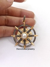 Natural Pave Diamond Pearl Handmade Pendant 925Sterling Silver Victorian Jewelry