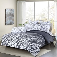 Queen Size Grey-Tree Print Cotton Bed Set: 1 Duvet Cover 2 Pillow Shams X2871 