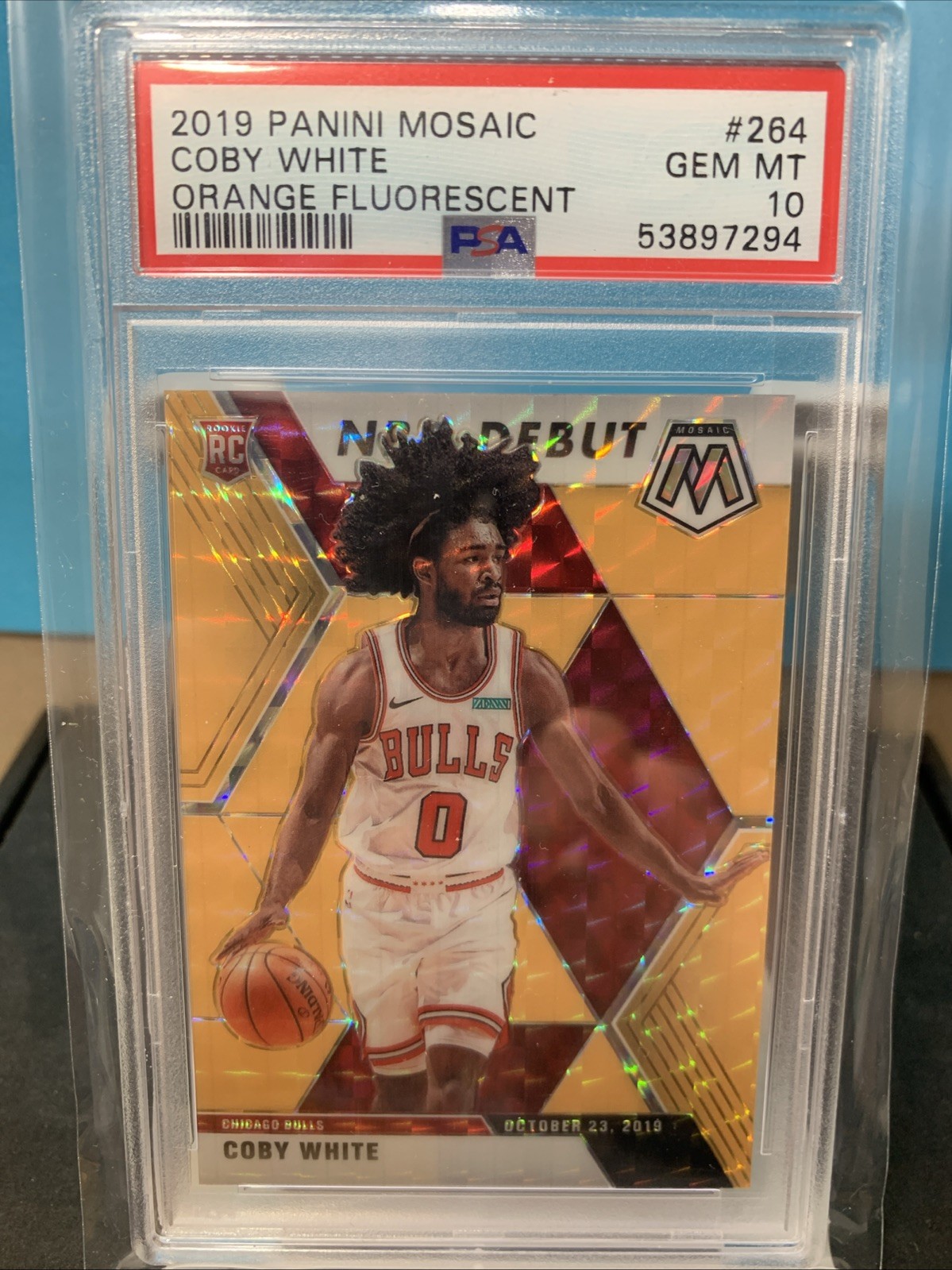 2019 PANINI MOSAIC ORANGE FLUORESCENT PRIZM /25 COBY WHITE#264 (RC) PSA 10 BULLS