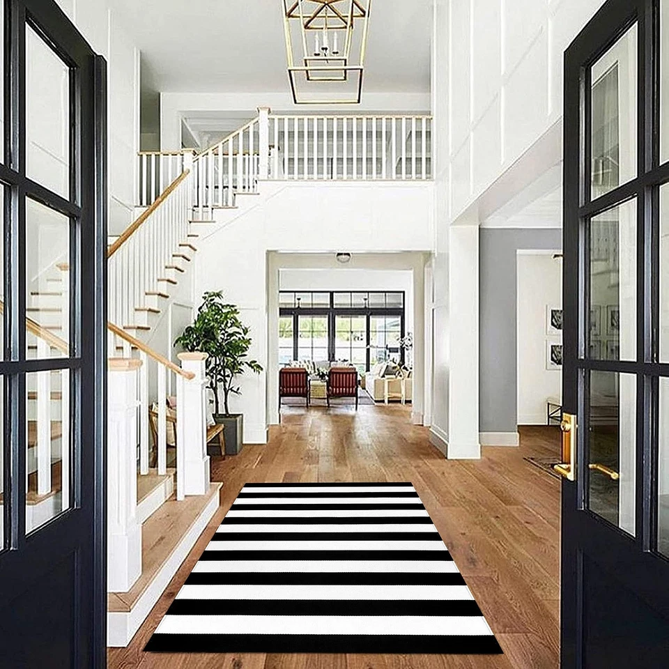 Black and White Striped Area Rug 4x6 Ft Outdoor Rug Washable Indoor Outdoor R... - Image 2 of 4