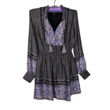 AQUA mini dress Large long sleeve tasseled tie front Boho Peasant Flirty Fairy