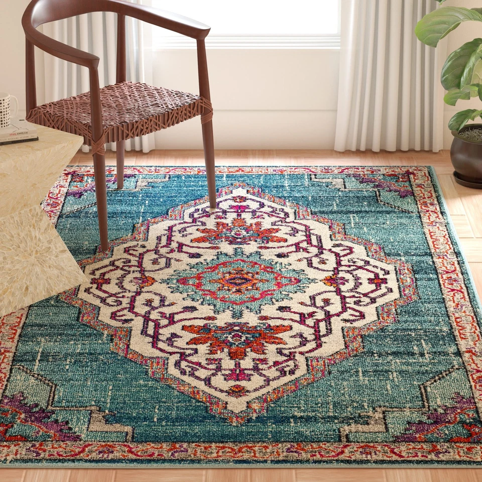 Tapete de Área Coleção Monaco - 8' x 10', Azul e Multi, Boho Chic Medallion Dist... - Imagem 2 de 4