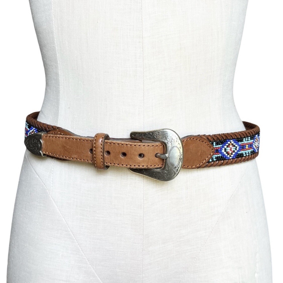 Vintage 90s Eddie Bauer Beaded Western Brown Leather Belt  display picture 1