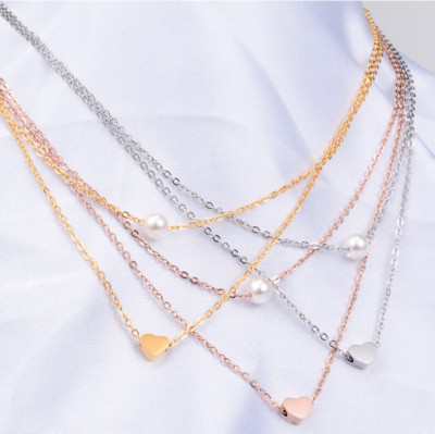 Stainless Steel Adjustable Two Layer Heart Pearl Pendant Necklace Women Girl PE7