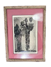 Vintage 1966 Betty Kjelson Framed Etching # 7/25 - Title: Mom's Tulips for Dad