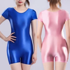 Women's Shiny Satin Glossy Lingerie Leotard Tops Bodysuit Short Sleeve Jumpsuit