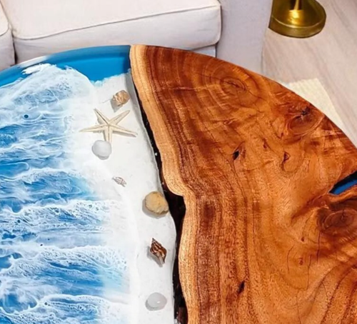 24" Ocean Wave Epoxy Resin Coffee Table Wooden Live Edge Living Room Decors - Picture 2 of 9