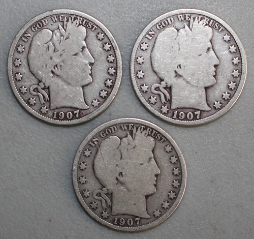 1907 P D O Silver Barber Half Dollars US Type Coins Average Circulated Good 50c