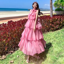 Ladies Sleeveless Pink Long Halter Maxi Dress Layered Tiered Loose Beach