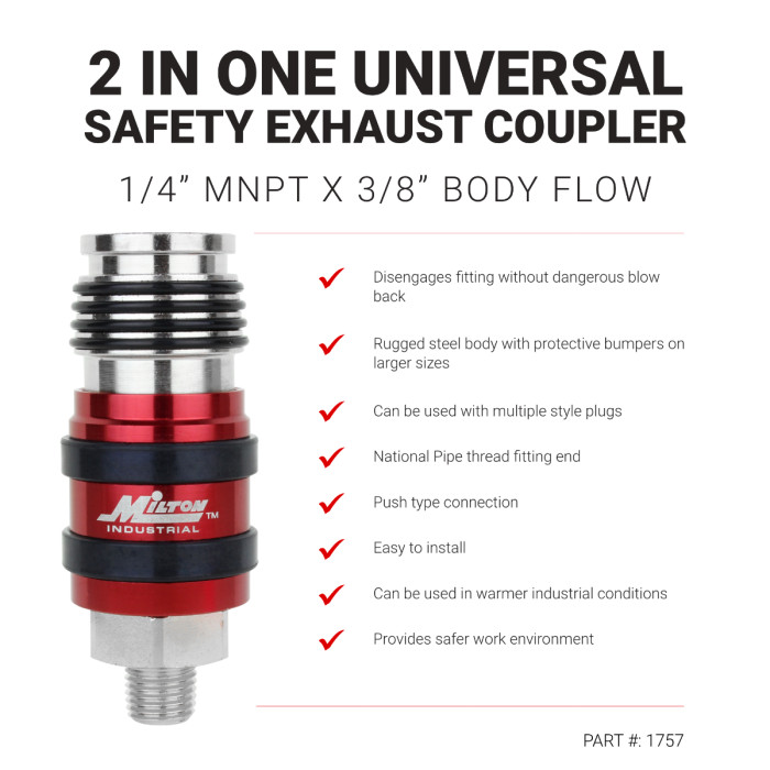 Milton&reg;2 In ONE Universal Safety Exhaust Industrial Coupler,1/4" NPT x 3/8" Body