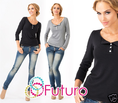 Damen geknöpftes Oberteil U-Ausschnitt Langarm T-Shirt Polo-Stil Größe 8-12 FA356