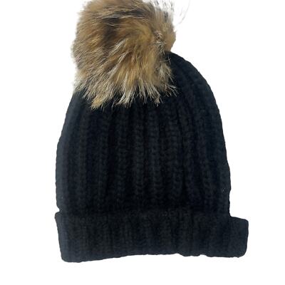 INVERNI Black Slouchy Alpaca Blend Beanie w/ Tan Fur Pom-Pom EUC