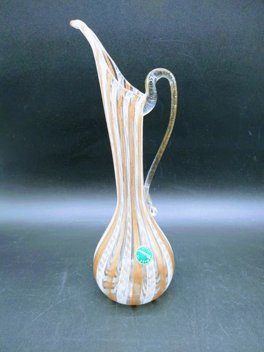 Murano Latticino Zanfirico Glass Ewer Pitcher Vase Cooper Aventurine
