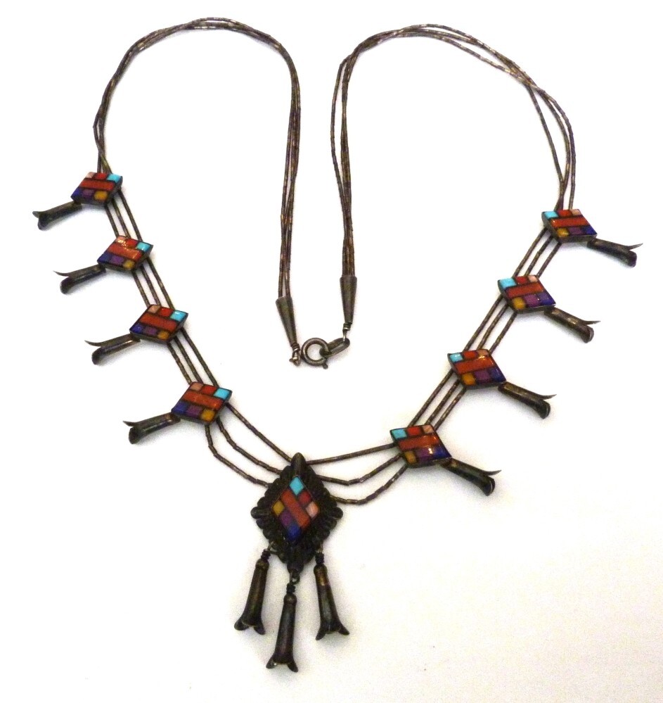 VTG QT SOUTHWEST STERLING SILVER INLAY TURQUOISE CORAL SQUASH BLOSSOM