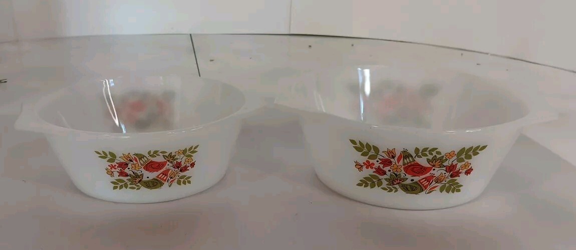 2-Vintage ARCOPAL-France Hen/Partridge French Pyrex Milk Glass 