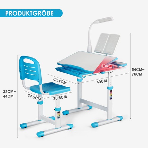 Kinderschreibtisch Schülerschreibtisch Verstellbar Neigbar mit Stuhl&Lampe Blau - Bild 5 von 11