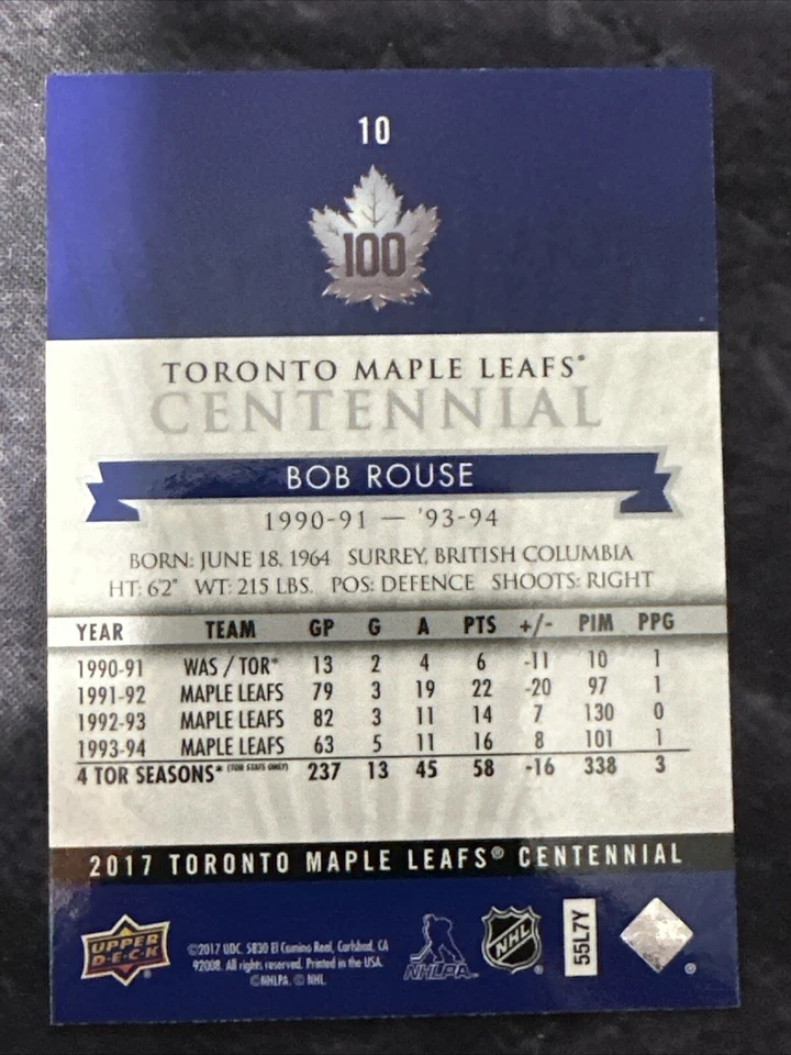 2017-18 Upper Deck Toronto Maple Leafs Centennial 10 Bob Rouse - Image 2 of 2