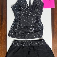Black Polka Dot Halter Tankini Top and Swim Skirt Set