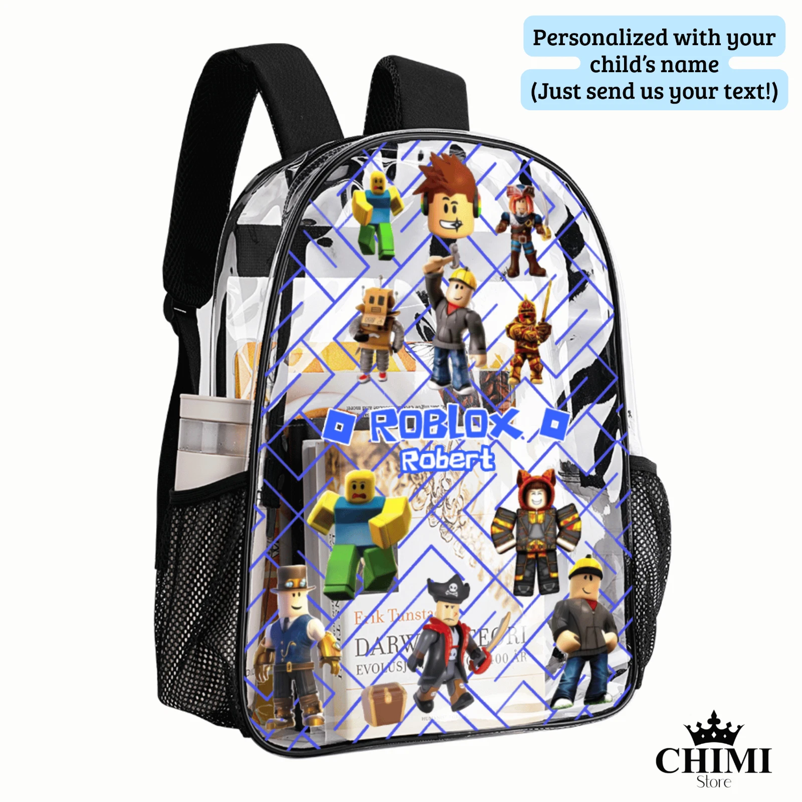 Custom Clear Roblox Backpack for Kids – Blue Logo & Name –Personalized