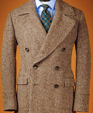 Brown Men's Overcoats Herringbone Tweed Double Breasted Outdoor Warm Long Coats