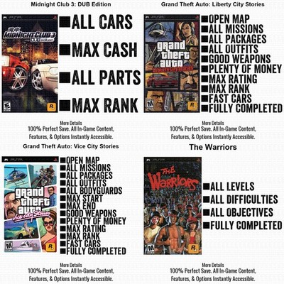 GTA Liberty Vice City Stories Warriors Midnight Club Rockstar 100% PSP SAVE CARD