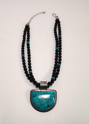 Large Jay King Turquoise And Onyx Sterling 925 Bean Necklace And Pendant 18''-21''