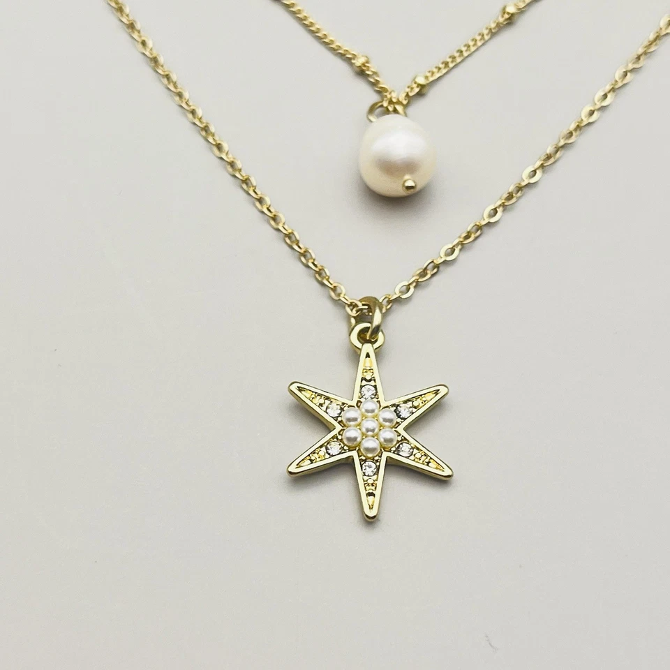 Collar Capas Extraíbles LUCKY BRAND Tono Dorado Estrella Sol Perla Dijes Delicados 20" Foto 3 de 4