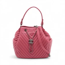 Chanel Chevron Leather 2 Way Handbag V Stitch Purse Red Silver Metal Fittings 23