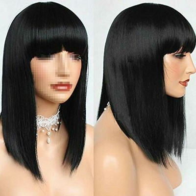 Hot Short Bob Straight Full Bangs Synthetic None Lace Glueless Black Hair Wig US