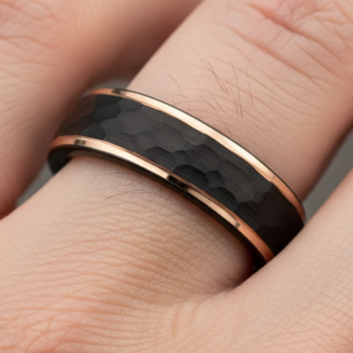 8mm Black Tungsten Band hammered Rose Gold Inlay Stepped Edge Wedding Ring