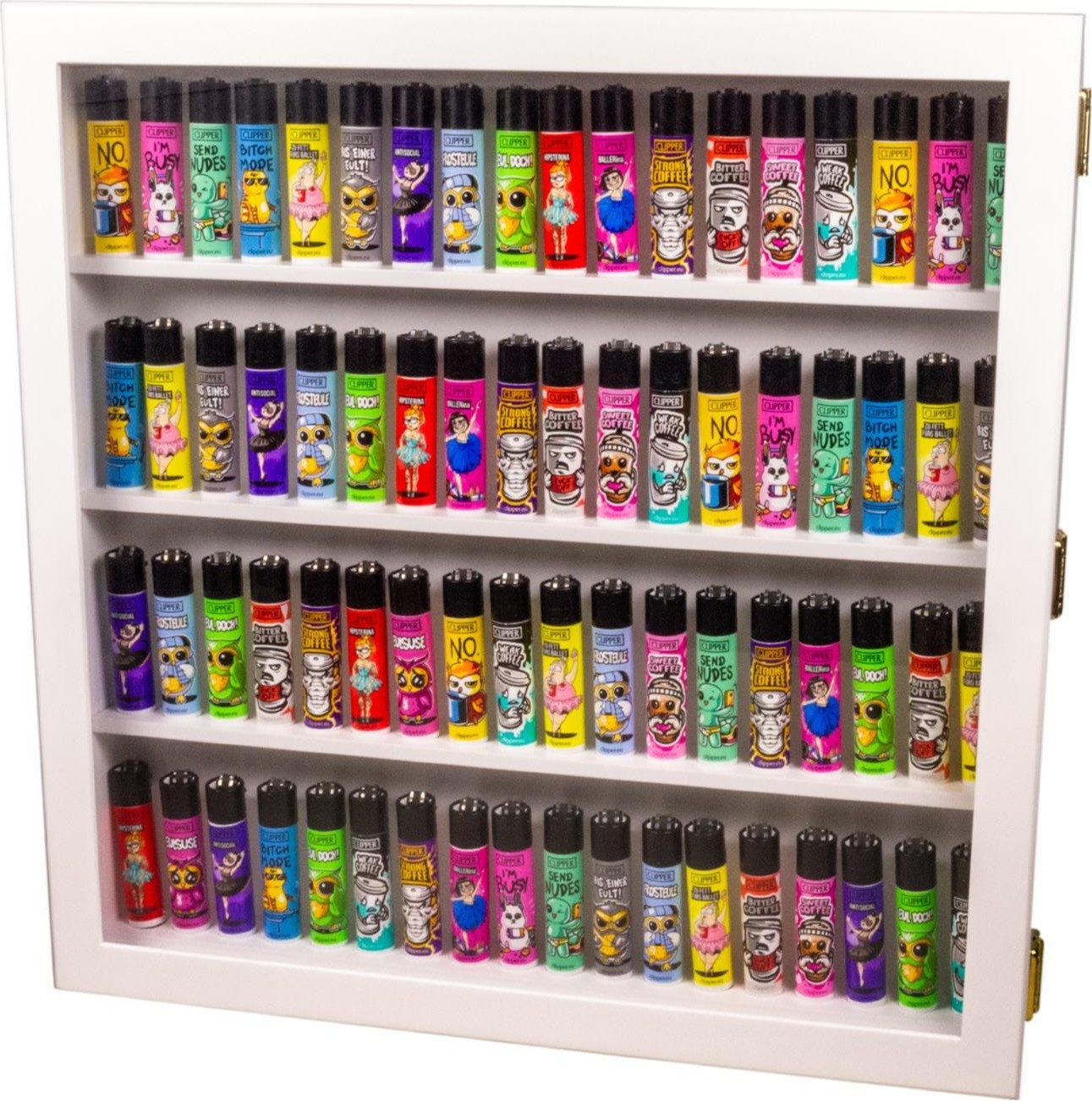 Clipper Vitrine Sammlervitrine für 72 Clipper Feuerzeuge in Holz weiß