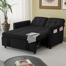 55" Black Sleeper Sofa 3 in 1 Convertible Sofa Bed Loveseat Linen Futon Couch